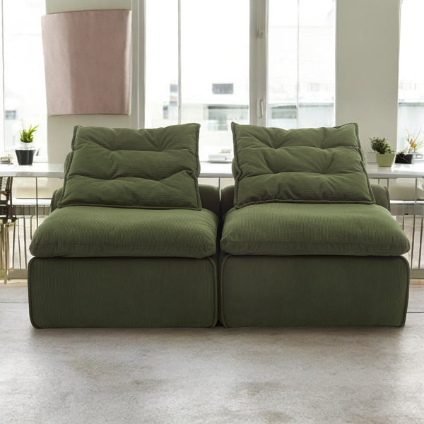 Modular 2-Seater Sofa Bed - Soft Corduroy Convertible Sleeper with No Armrests, DIY-Friendly Design, Includes Neck & Lumbar Pillows, Space-Saving for Apartments, Reading Nooks, Dorms (Green), Dorm Room Bed | Corduroy Upholstery | Comfortable Seating