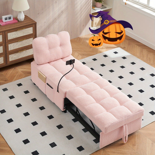 Convertible Pull-Out Sofa Bed With Phone Holder, Single Sofa Chair With Soft Teddy Velvet Fabric, Space-Saving Design, Easy Transform Into Bed For Small Spaces, Living Room, Bedroom, Office, Halloween Gift, Xmas Decor, Pink