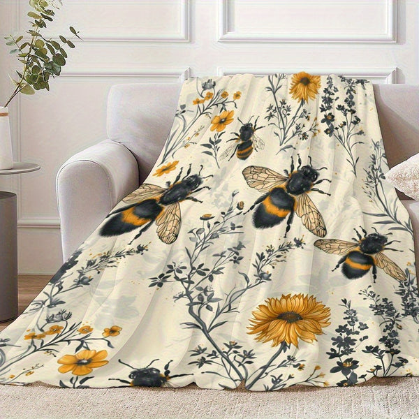 1pc 280gsm Heavyweight Vintage Hand-Drawn Bees & Wildflowers Flannel Fleece Blanket - Soft Warm All-Season \u002FGreen\u002FYellow\u002FBlack\u002FBrown Beige Throw for Bed, Couch, Camping, Travel - Cozy Bee & Botanical Print Polyester Bedspread, Throw Bl