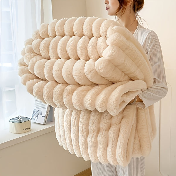 Luxurious Cream Faux Rabbit Fur Throw Blanket - Ultra-Soft, Warm & Cozy for Bed, Couch, Office, Travel - Striped Design, Machine Washable, Perfect All-Season Gift for Youngsters and Adults