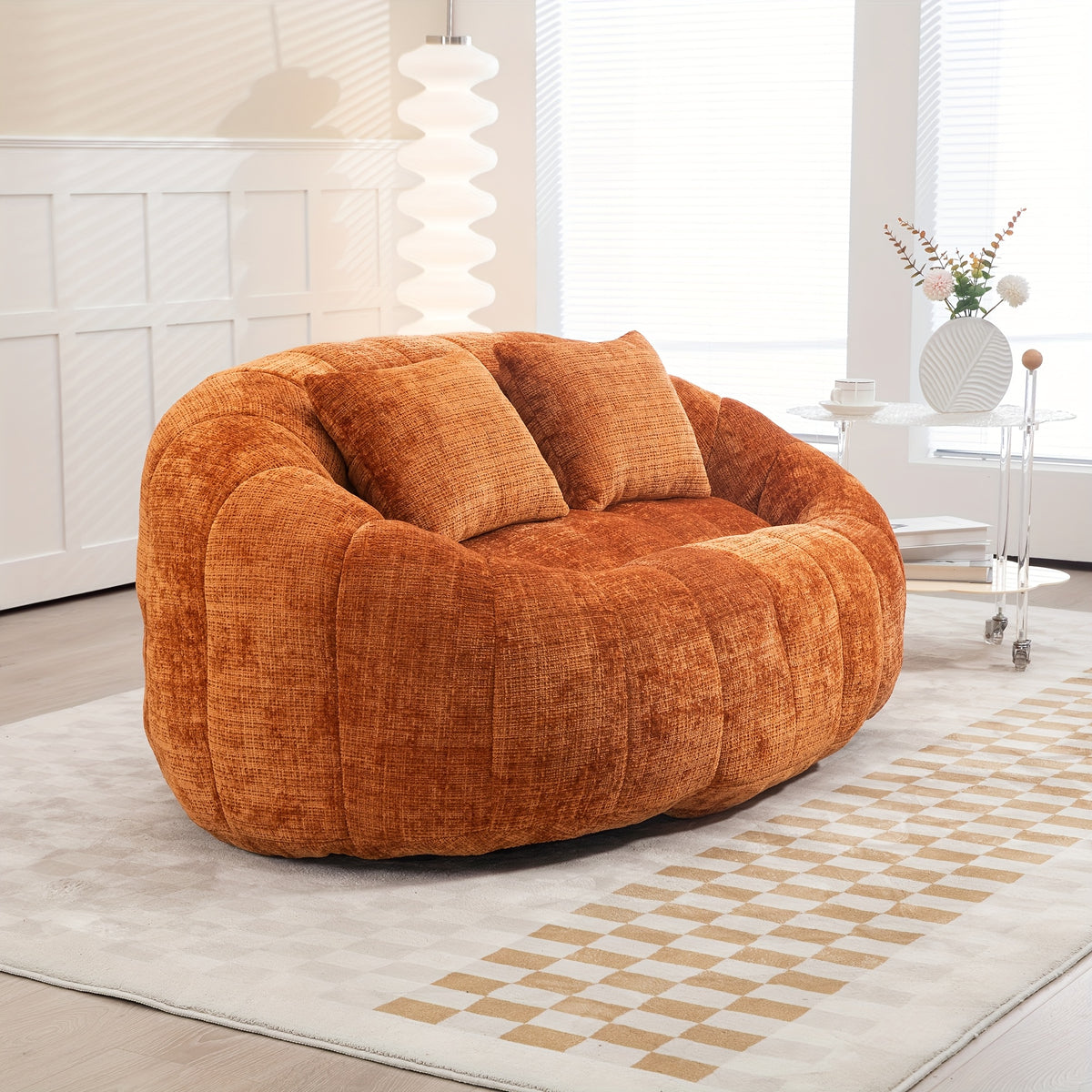 Oval Padded 2 Seats Beanbag Chairs, Upholstered Bean Bag Couch With 2 Pillows & Wrap-Around Backrest, Gaming Loveseat Sofa, Chenille Fabric Lazy Floor Beanbag-Chair