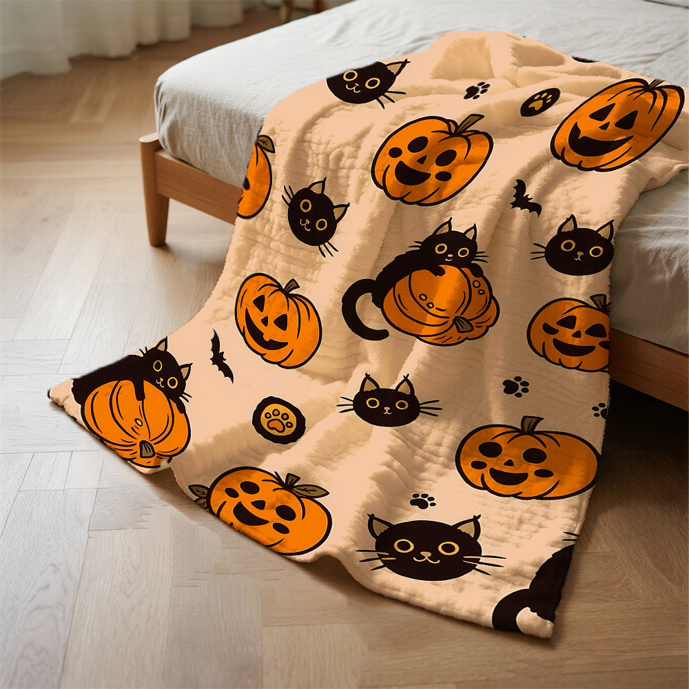 1pc Halloween Cat & Pumpkin Fleece Blanket - All-Season Cozy 250-300 GSM Flannel Throw with Cats, Jack-O'-Lanterns & Bats - Soft Warm Bed, Couch, Camping, Office Blanket - Machine Washable Gift for Pet Lovers, Spooky Home Decor (Orange & ) - Perfect
