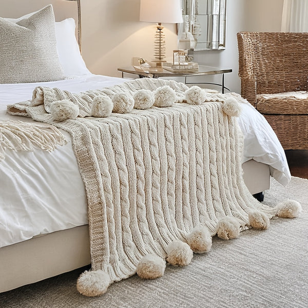 Ball Knitted Blanket Super Soft And Comfortable Chenille Knitted Thick Blanket with Fourteen Plush Ball Decorations Sofa Bed Warm And Thick 50X60 Inches 2.2 Pounds