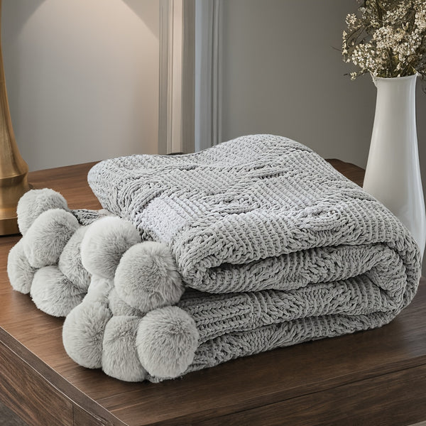 Ultra Soft Cozy Chenille Solid Color Throw Blanket with 16pcs Handmade Pom Poms Rhombus Textured Best Gift to Friend And Parents Blanket Decorative for Sofa Couch Bed 50x60 Inches Weight 2.2 Pounds