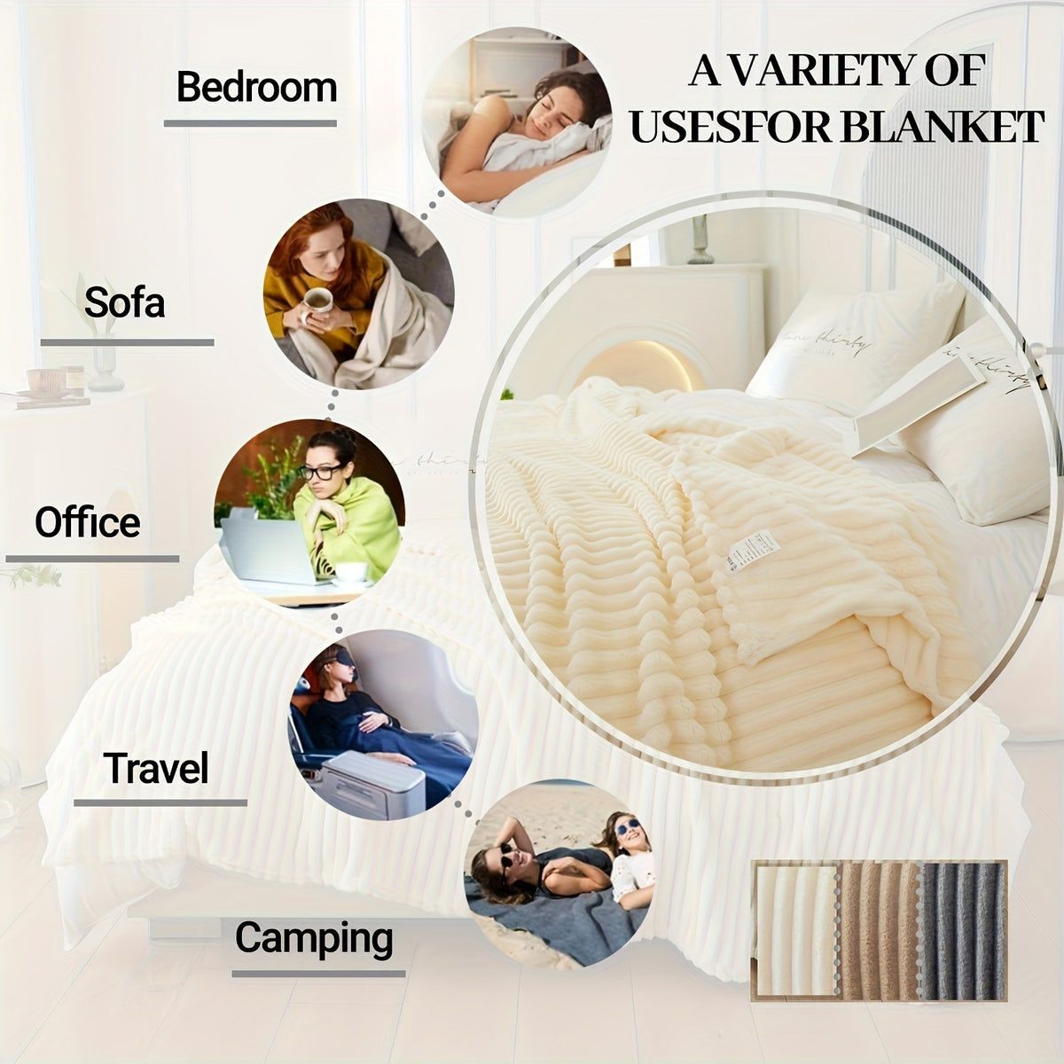 1pc Ultra-Soft Imitation Rabbit Fur Double-Sided Fleece Blanket - All-Season Cozy Warmth, Plush White with Blue Striped Pattern, Lightweight & Durable for Home, Office, Camping, Travel - Luxury Bedspread or Throw, Contemporary Style Gift Blanket, Christma