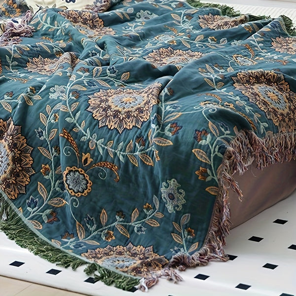 1pc Tassel Cotton Multi-layer Gauze Throw Blanket, Nap Blanket, Sofa Towel, Bed Cover Towel, Multi-function Blanket, Can Be Directly Contacted with Beige, Machine Washable, No Deformation, No Ball, No Shrinking, Gift for Friends, Family,  Floral