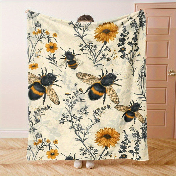 1pc 280gsm Heavyweight Vintage Hand-Drawn Bees & Wildflowers Flannel Fleece Blanket - Soft Warm All-Season \u002FGreen\u002FYellow\u002FBlack\u002FBrown Beige Throw for Bed, Couch, Camping, Travel - Cozy Bee & Botanical Print Polyester Bedspread, Throw Bl