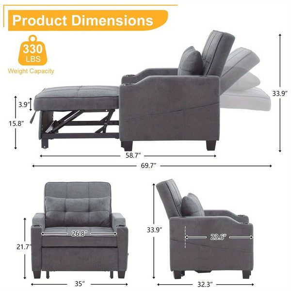 LEADZM 3-in-1 Modern Sleeper Sofa | Single | Sofa Bed Convertible | Living Room | Modern