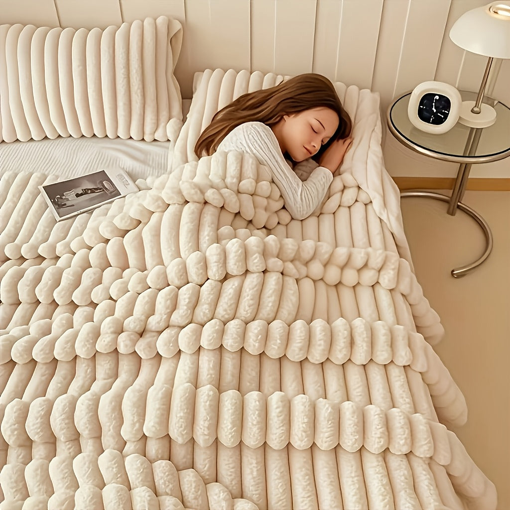 Luxurious Cream Faux Rabbit Fur Throw Blanket - Ultra-Soft, Warm & Cozy for Bed, Couch, Office, Travel - Striped Design, Machine Washable, Perfect All-Season Gift for Youngsters and Adults