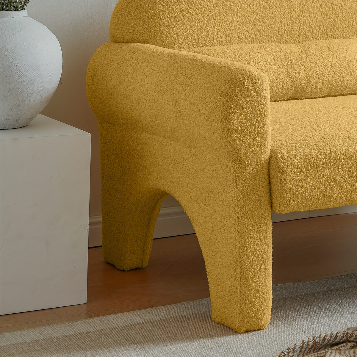 Modern Boucle Sofa Loveseat - Mustard-Yellow (Lambs -like) Boucle Upholstery, Plush Cushioned Engineered Wood Frame, Compact Small-Space Couch with Lumbar, Easy Assembly for Apartments, Studios & Scandinavian\u002FModern Decor