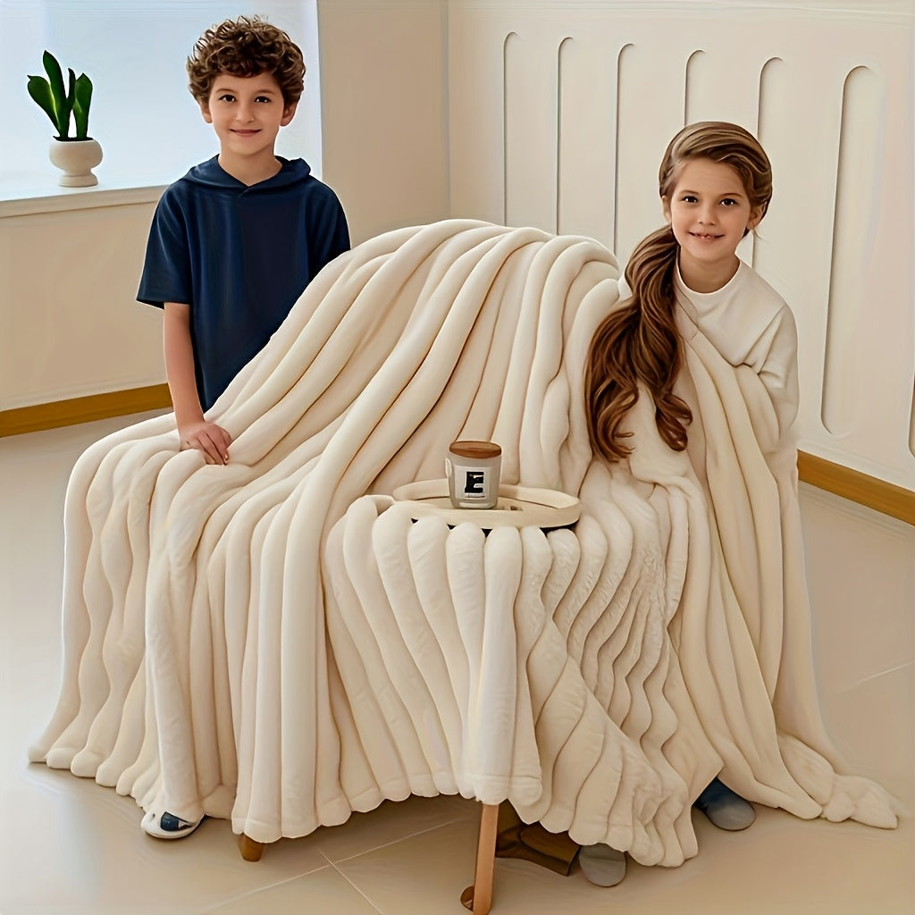 Luxurious Cream Faux Rabbit Fur Throw Blanket - Ultra-Soft, Warm & Cozy for Bed, Couch, Office, Travel - Striped Design, Machine Washable, Perfect All-Season Gift for Youngsters and Adults