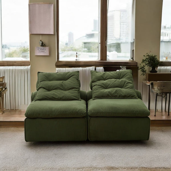 Modular 2-Seater Sofa Bed - Soft Corduroy Convertible Sleeper with No Armrests, DIY-Friendly Design, Includes Neck & Lumbar Pillows, Space-Saving for Apartments, Reading Nooks, Dorms (Green), Dorm Room Bed | Corduroy Upholstery | Comfortable Seating