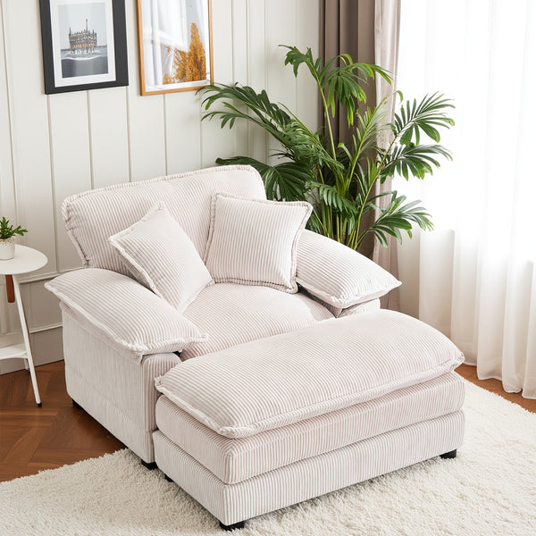 Corduroy Single Sofa With 2 Folding Pillows And An Ottoman, Comfort Sofa - Living Room Deep Seating Sofa