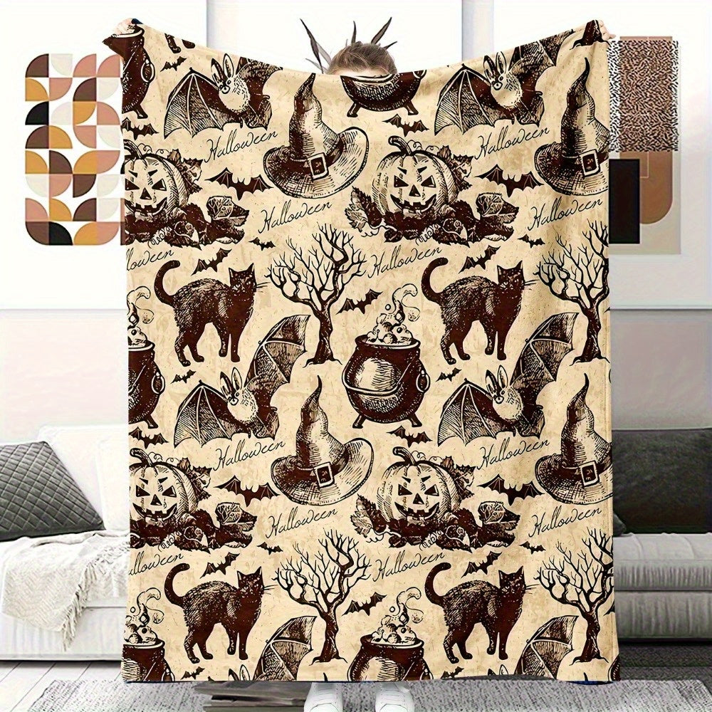 Soft & Cozy Halloween Flannel Blanket - Heavyweight 280GSM Plush All-Season Throw with Black & White Spooky Bat, Pumpkin, Witch Hat, Bats, Ghosts, Witches & Cauldrons Print - Machine Washable Sofa Bedspread for Couch, Bed, or Floor - Cozy Fall & Halloween
