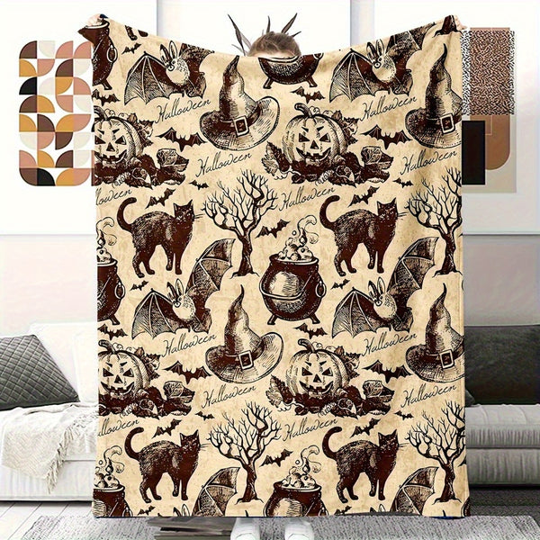 Soft & Cozy Halloween Flannel Blanket - Heavyweight 280GSM Plush All-Season Throw with Black & White Spooky Bat, Pumpkin, Witch Hat, Bats, Ghosts, Witches & Cauldrons Print - Machine Washable Sofa Bedspread for Couch, Bed, or Floor - Cozy Fall & Halloween
