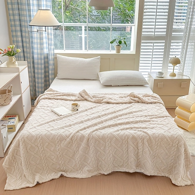 1pc Lamb Fleece Blanket - Plush Thick Warm All-Season Soft Green Flannel Throw with 3D Fashionable Design, Multifunctional for Bed, Couch & Travel, Luxury French Style Cozy Bedding in Muted Green Tones (Beige, Blue, Pink, Grey, White, Black) - Durable & E