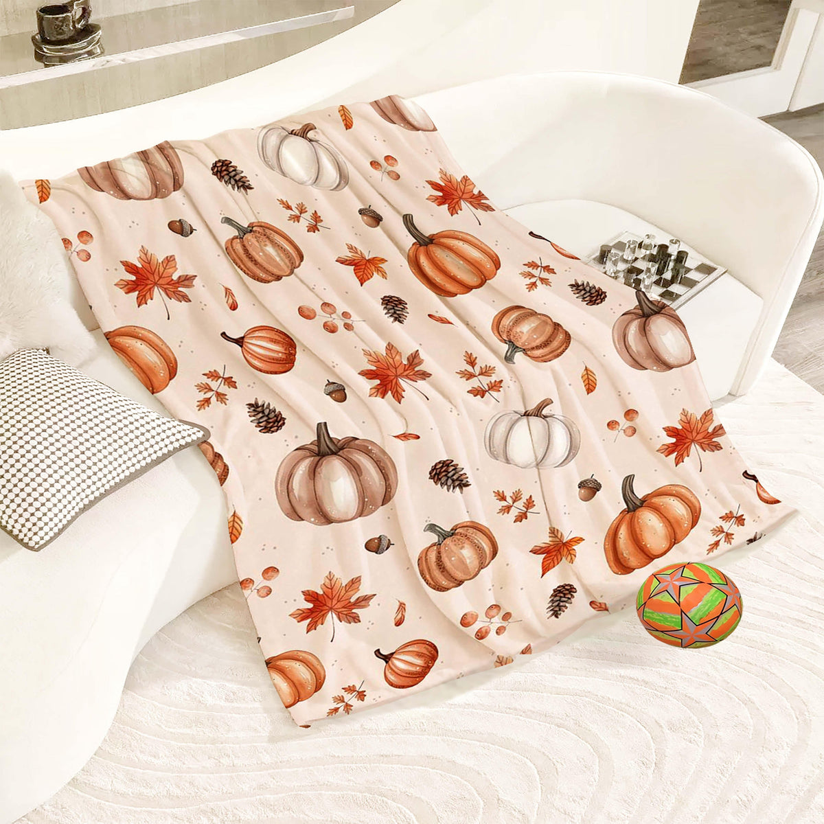 280GSM Heavyweight Flannel Throw Blanket - Super Soft Warm Cozy All-Season Bedspread, Autumn Pumpkin Maple Leaf & Plaid Print in Brown\u002FBeige\u002FWhite\u002FOrange, Contemporary Bedspread for Sofa, Bed, Travel, Home Decor - Luxury Fleece Blanket with