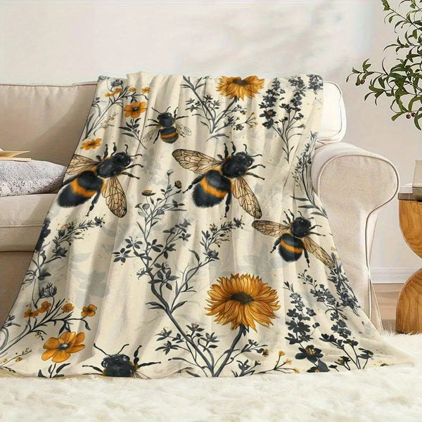 1pc 280gsm Heavyweight Vintage Hand-Drawn Bees & Wildflowers Flannel Fleece Blanket - Soft Warm All-Season \u002FGreen\u002FYellow\u002FBlack\u002FBrown Beige Throw for Bed, Couch, Camping, Travel - Cozy Bee & Botanical Print Polyester Bedspread, Throw Bl
