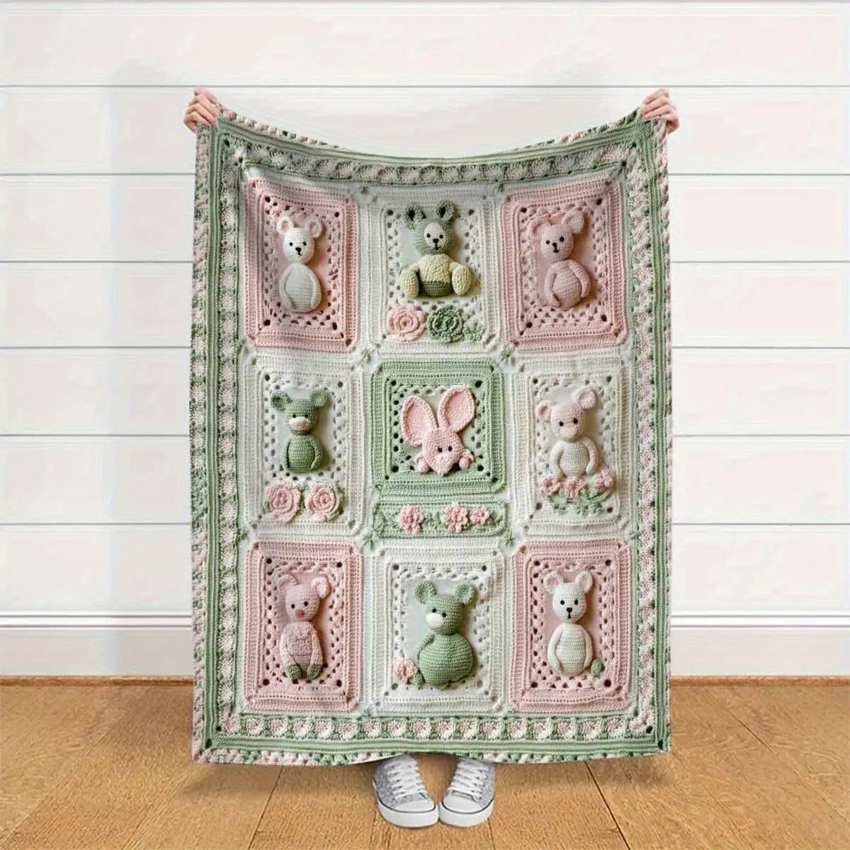 280GSM Grandma'S Square Magritte Crochet Print Flannel Blanket - Soft Lightweight All-Season Throw with Bear & Floral Design, Pastel Pink & Green Square Pattern, Handcrafted Cozy Blanket for Sofa Bed Travel Office, Contemporary Home Decor Gift for A