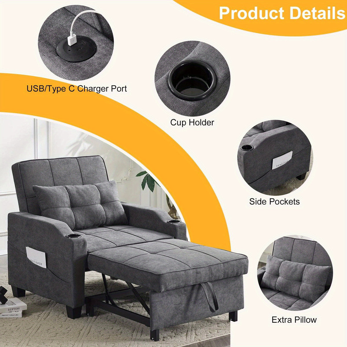 LEADZM 3-in-1 Modern Sleeper Sofa | Single | Sofa Bed Convertible | Living Room | Modern