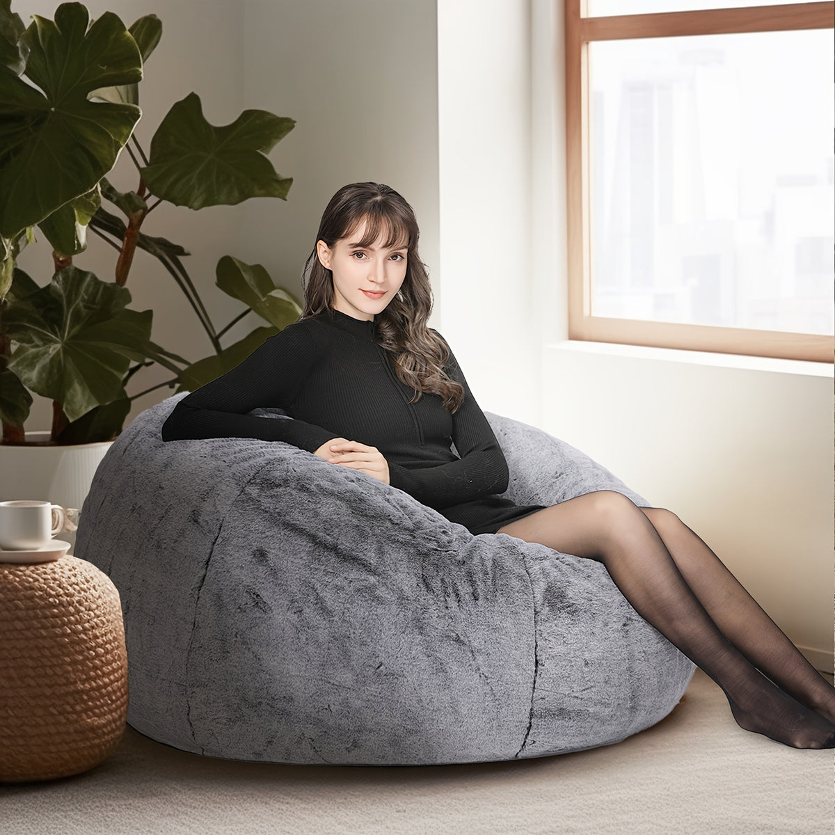 DKLGG Bean Bag Chair, Modern Round Bean Bag Sofa with Filler, Velvet Memory Foam Bean Bag, Giant Fluffy Lazy Sofa, Classic Imperial Lounger Bean Bag Chair for  Living Room, Bedrooms, Gray