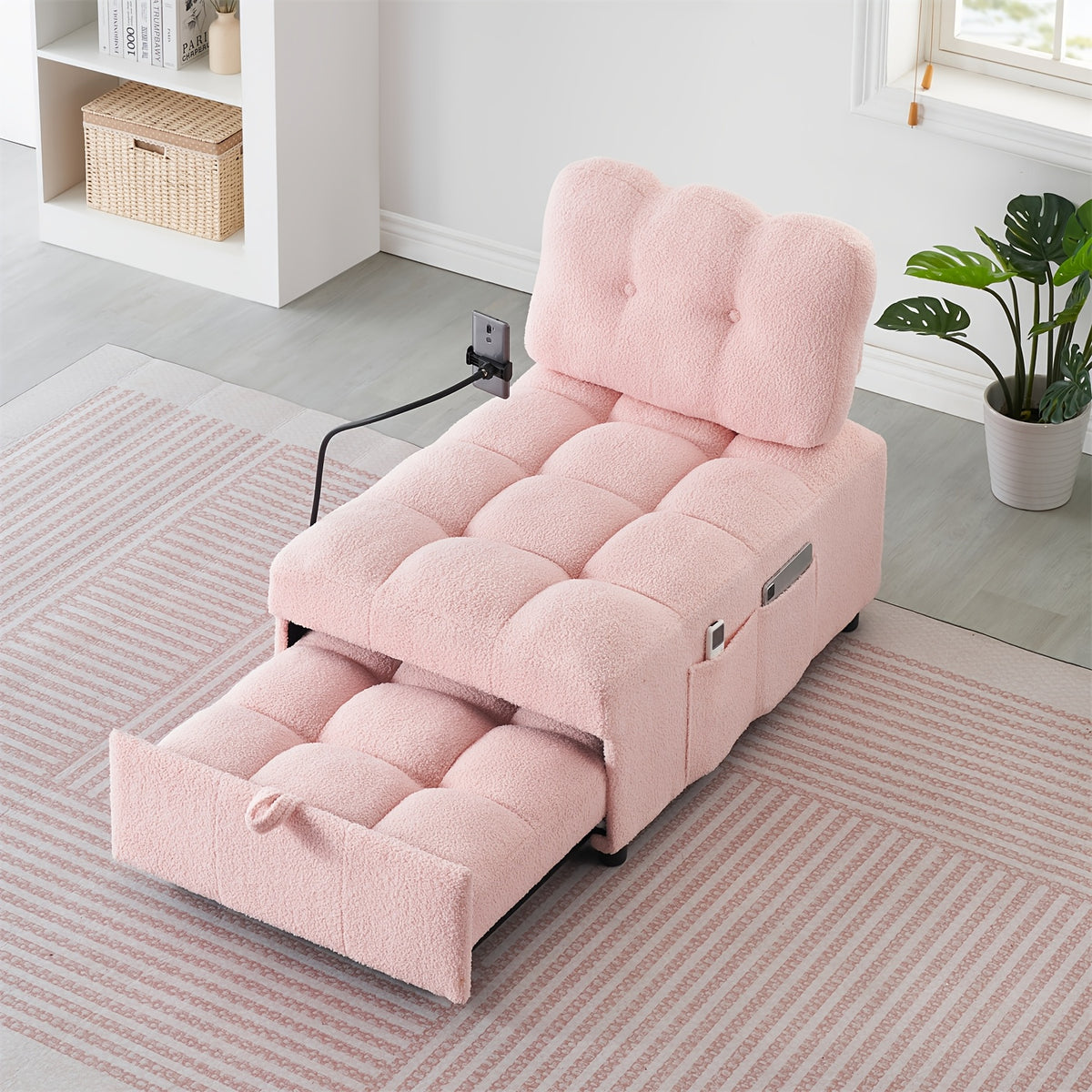 Convertible Pull-Out Sofa Bed With Phone Holder, Single Sofa Chair With Soft Teddy Velvet Fabric, Space-Saving Design, Easy Transform Into Bed For Small Spaces, Living Room, Bedroom, Office, Halloween Gift, Xmas Decor, Pink