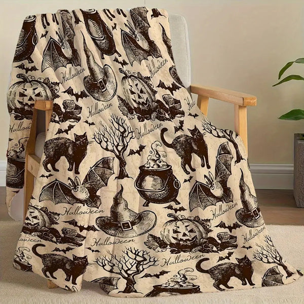 Soft & Cozy Halloween Flannel Blanket - Heavyweight 280GSM Plush All-Season Throw with Black & White Spooky Bat, Pumpkin, Witch Hat, Bats, Ghosts, Witches & Cauldrons Print - Machine Washable Sofa Bedspread for Couch, Bed, or Floor - Cozy Fall & Halloween