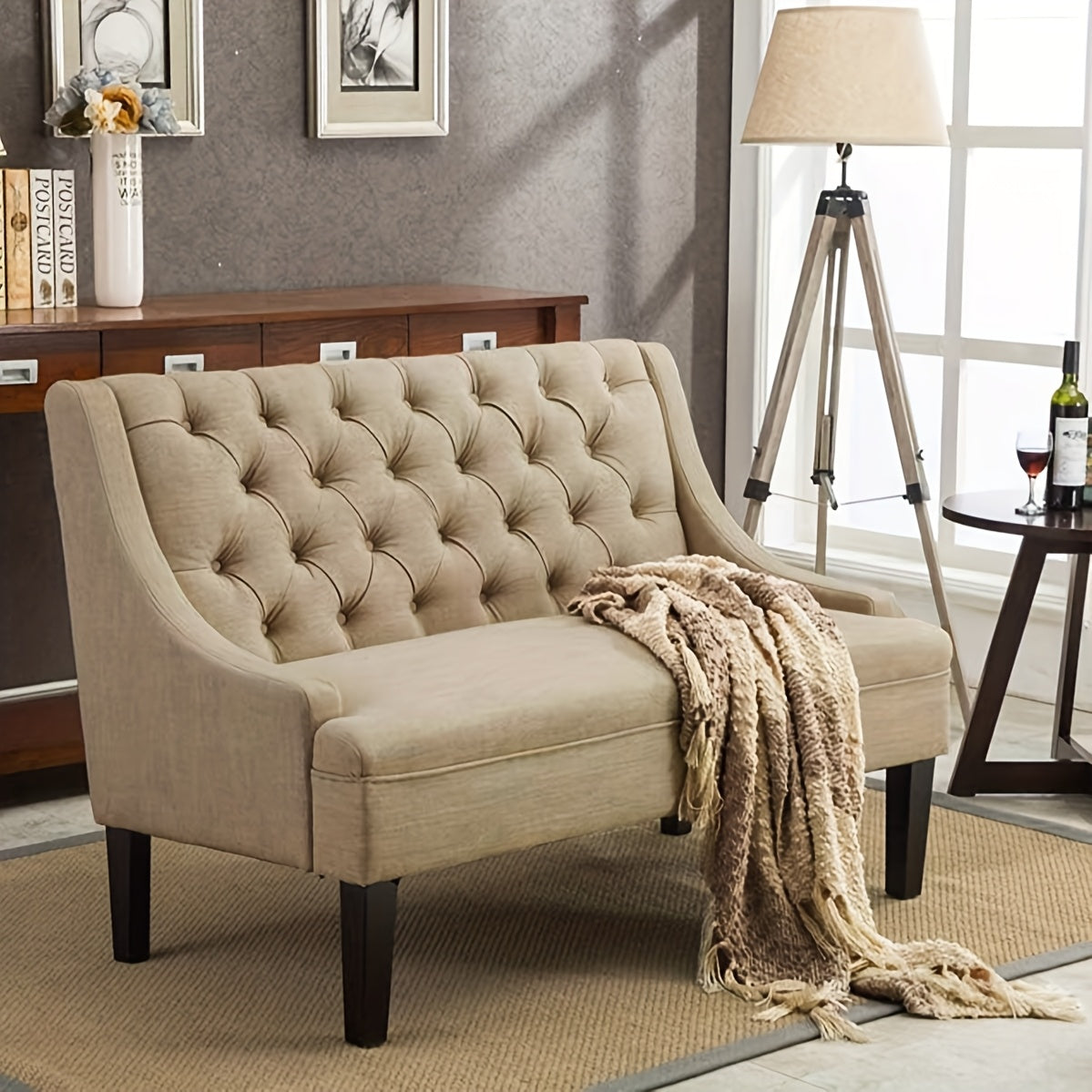 Modern Loveseat Sofa Modern Button-Tufted Upholstered Loveseat Sofa Mini Couch With Wood Legs For Dining Room Living Room Entryway