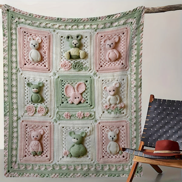 280GSM Grandma'S Square Magritte Crochet Print Flannel Blanket - Soft Lightweight All-Season Throw with Bear & Floral Design, Pastel Pink & Green Square Pattern, Handcrafted Cozy Blanket for Sofa Bed Travel Office, Contemporary Home Decor Gift for A