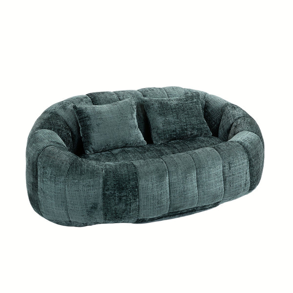 Oval Padded 2 Seats Beanbag Chairs, Upholstered Bean Bag Couch With 2 Pillows & Wrap-Around Backrest, Gaming Loveseat Sofa, Chenille Fabric Lazy Floor Beanbag-Chair