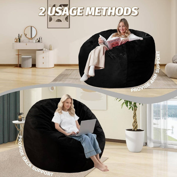5ft Large Bean Bag Chair with Ultra-Soft Velvet-Like Cover - Heavy-Duty Foam-Filled Lazy Sofa, Beige & Black, Easy Inflate\u002FDeflate, Durable Fabric for Living Room, Bedroom, Dorm, Office - Portable Comfortable Seating, No Assembly Required