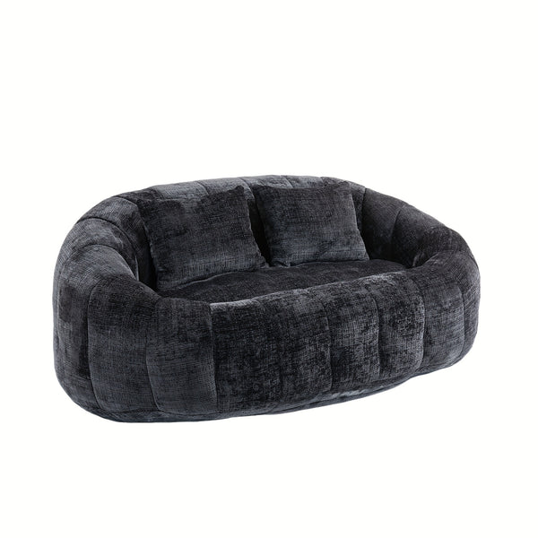 Oval Padded 2 Seats Beanbag Chairs, Upholstered Bean Bag Couch With 2 Pillows & Wrap-Around Backrest, Gaming Loveseat Sofa, Chenille Fabric Lazy Floor Beanbag-Chair