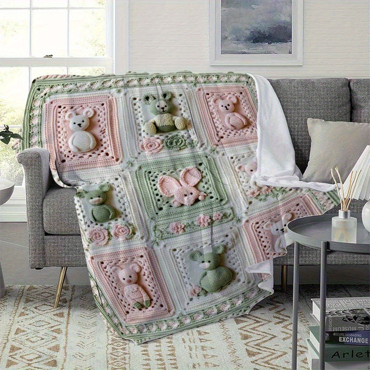 280GSM Grandma'S Square Magritte Crochet Print Flannel Blanket - Soft Lightweight All-Season Throw with Bear & Floral Design, Pastel Pink & Green Square Pattern, Handcrafted Cozy Blanket for Sofa Bed Travel Office, Contemporary Home Decor Gift for A