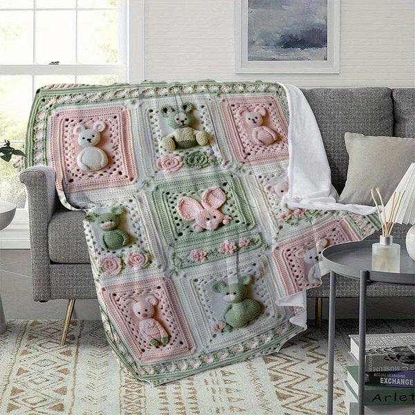 280GSM Grandma'S Square Magritte Crochet Print Flannel Blanket - Soft Lightweight All-Season Throw with Bear & Floral Design, Pastel Pink & Green Square Pattern, Handcrafted Cozy Blanket for Sofa Bed Travel Office, Contemporary Home Decor Gift for A