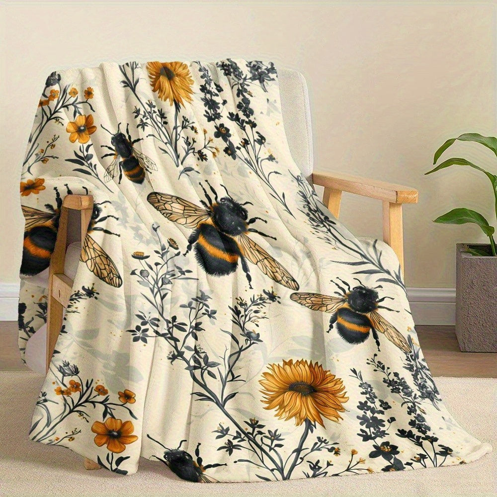 1pc 280gsm Heavyweight Vintage Hand-Drawn Bees & Wildflowers Flannel Fleece Blanket - Soft Warm All-Season \u002FGreen\u002FYellow\u002FBlack\u002FBrown Beige Throw for Bed, Couch, Camping, Travel - Cozy Bee & Botanical Print Polyester Bedspread, Throw Bl
