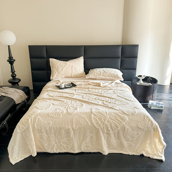 1pc Cozy White Jacquard Flannel Blanket with Elegant Butterfly Pattern – Soft Double-Sided Velvet for Office, Lunch Break, or All-Season Comfort