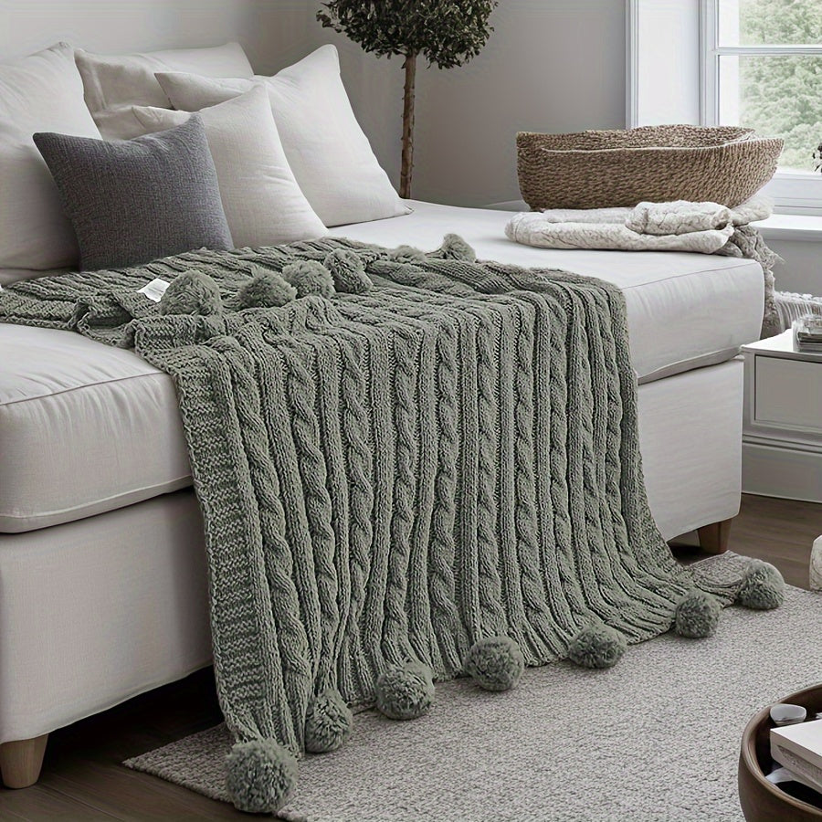 Ball Knitted Blanket Super Soft And Comfortable Chenille Knitted Thick Blanket with Fourteen Plush Ball Decorations Sofa Bed Warm And Thick 50X60 Inches 2.2 Pounds
