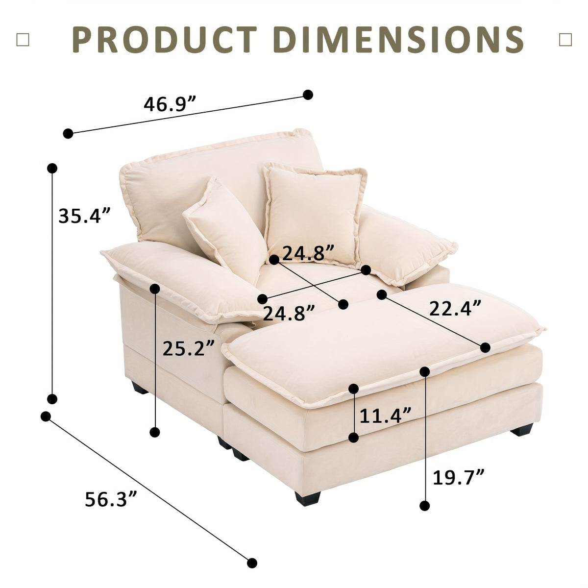 56.3 Inch Velvet Single Sofa with 2 Folding Pillows And An Ottoman, Comfort Sofa - Living Room Deep Seating Sofa for Living Room Apartment