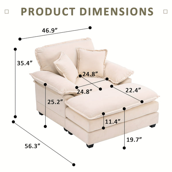 56.3 Inch Velvet Single Sofa with 2 Folding Pillows And An Ottoman, Comfort Sofa - Living Room Deep Seating Sofa for Living Room Apartment