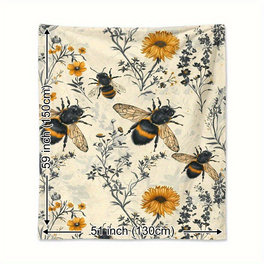 1pc 280gsm Heavyweight Vintage Hand-Drawn Bees & Wildflowers Flannel Fleece Blanket - Soft Warm All-Season \u002FGreen\u002FYellow\u002FBlack\u002FBrown Beige Throw for Bed, Couch, Camping, Travel - Cozy Bee & Botanical Print Polyester Bedspread, Throw Bl