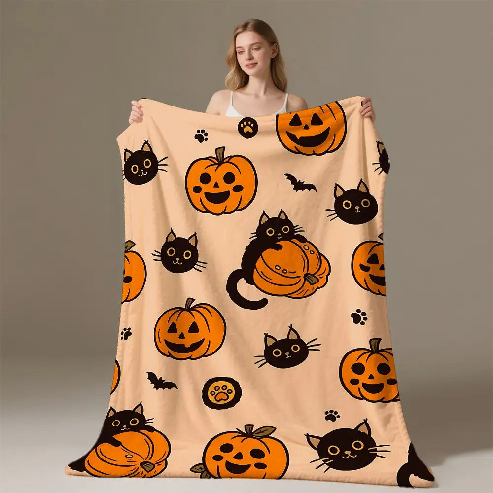 1pc Halloween Cat & Pumpkin Fleece Blanket - All-Season Cozy 250-300 GSM Flannel Throw with Cats, Jack-O'-Lanterns & Bats - Soft Warm Bed, Couch, Camping, Office Blanket - Machine Washable Gift for Pet Lovers, Spooky Home Decor (Orange & ) - Perfect