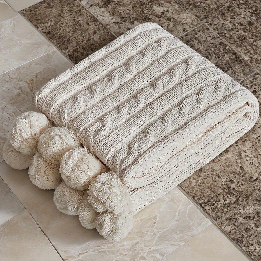 Ball Knitted Blanket Super Soft And Comfortable Chenille Knitted Thick Blanket with Fourteen Plush Ball Decorations Sofa Bed Warm And Thick 50X60 Inches 2.2 Pounds