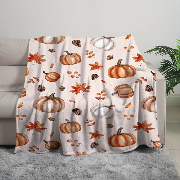 280GSM Heavyweight Flannel Throw Blanket - Super Soft Warm Cozy All-Season Bedspread, Autumn Pumpkin Maple Leaf & Plaid Print in Brown\u002FBeige\u002FWhite\u002FOrange, Contemporary Bedspread for Sofa, Bed, Travel, Home Decor - Luxury Fleece Blanket with
