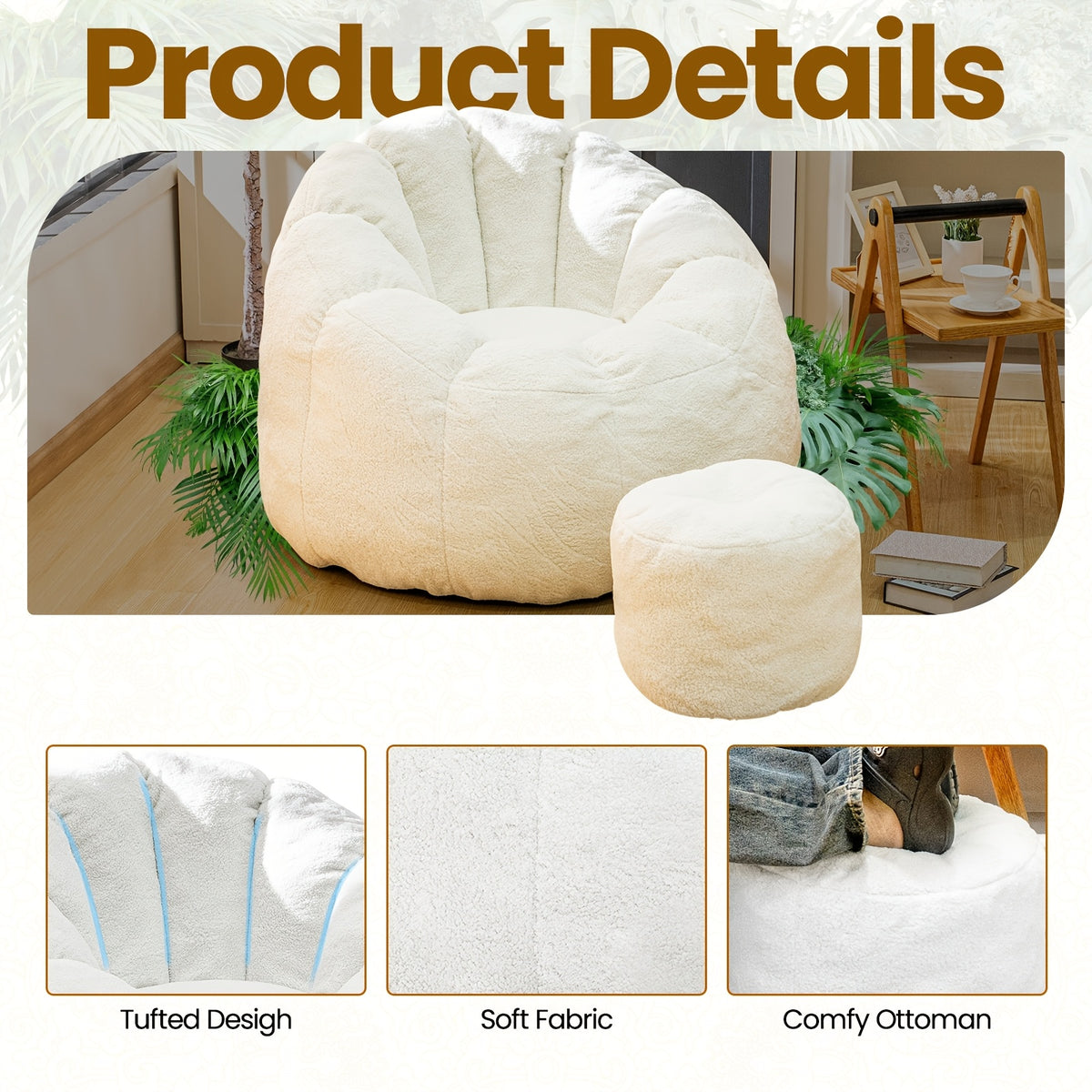 LAMERGE Beanbag Chairs with Foot Stools, Soy Bag Chairs And Foot Stools, Indoor Recliners, Comfortable And Lazy Sofa Chairs And Foot Stools, Reading Chairs for Living Rooms, Bedrooms, Essential Home Furnishings for Home Relaxation