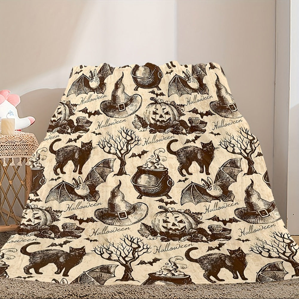 Soft & Cozy Halloween Flannel Blanket - Heavyweight 280GSM Plush All-Season Throw with Black & White Spooky Bat, Pumpkin, Witch Hat, Bats, Ghosts, Witches & Cauldrons Print - Machine Washable Sofa Bedspread for Couch, Bed, or Floor - Cozy Fall & Halloween