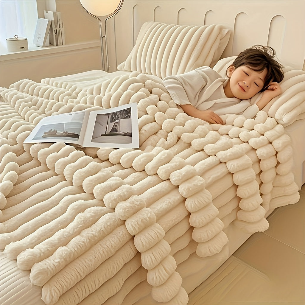 Luxurious Cream Faux Rabbit Fur Throw Blanket - Ultra-Soft, Warm & Cozy for Bed, Couch, Office, Travel - Striped Design, Machine Washable, Perfect All-Season Gift for Youngsters and Adults