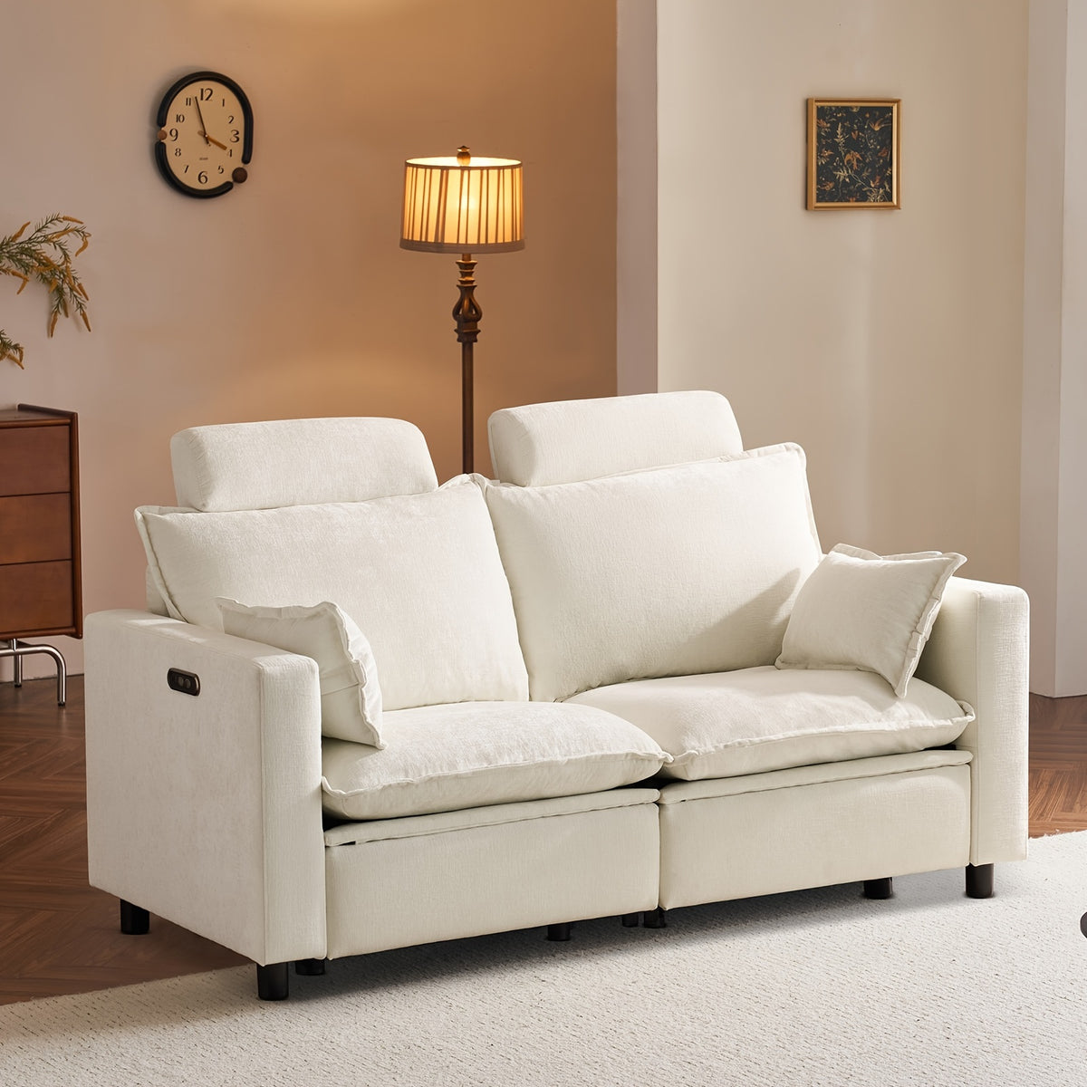 Consofa Electric Loveseat Recliner, Power Reclining Sofa With USB Ports, Chenille Comfy Cloud Couch For Living Room, Soft Oversized Sofa With Pillows, Headrest For Comfort (Cream)