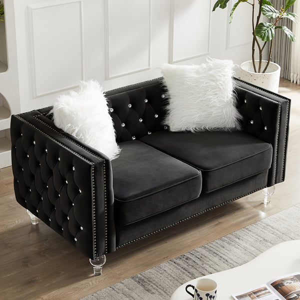 Velvet Loveseat Sofa 59 Inch Jeweled Buttons Tufted Loveseat with Acrylic Crystal Legs And 2 Pillows Modern Furniture for Living Room, Bedroom