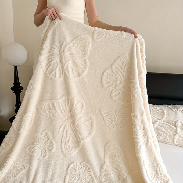 1pc Cozy White Jacquard Flannel Blanket with Elegant Butterfly Pattern – Soft Double-Sided Velvet for Office, Lunch Break, or All-Season Comfort