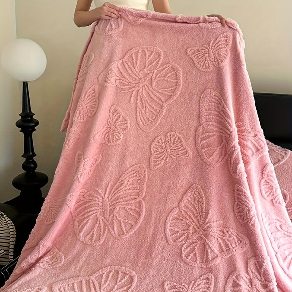 1pc Cozy White Jacquard Flannel Blanket with Elegant Butterfly Pattern – Soft Double-Sided Velvet for Office, Lunch Break, or All-Season Comfort